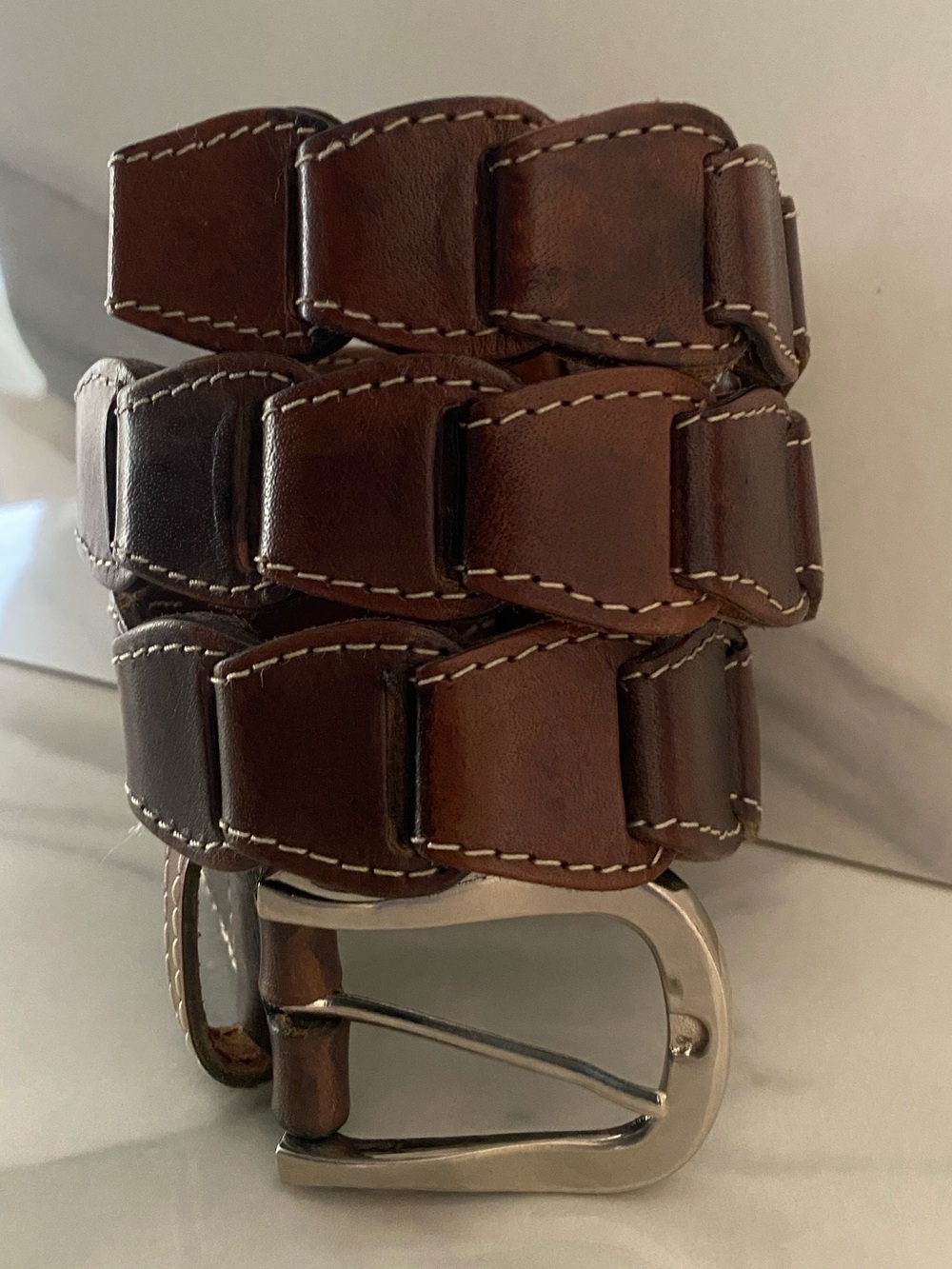 Vintage Perry Ellis Woven Links Brown Leather Belt Silver Buckle Boho Women’s L